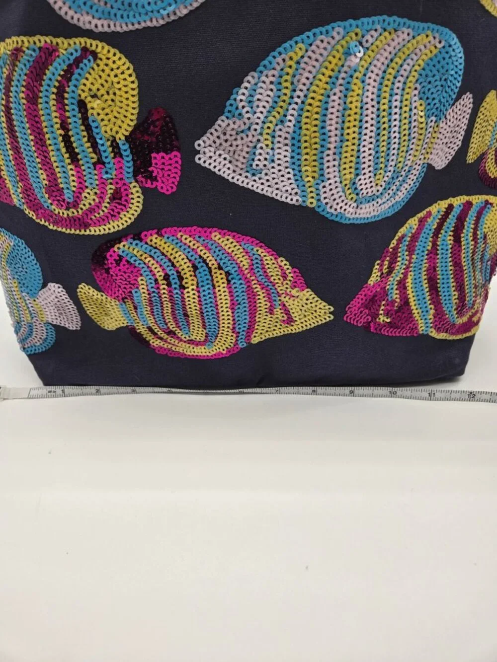 MudPie Navy Blue Canvas Sequin Fish Beach Tote Bag NWT Travel Pool Shopper